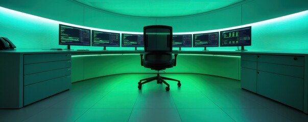 Poster - A sleek, modern control room features multiple monitors, centered around a swivel chair, illuminated with green ambient lighting.