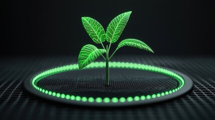 Poster - A glowing green plant emerges from a circular platform, symbolizing growth and innovation in a futuristic digital environment.