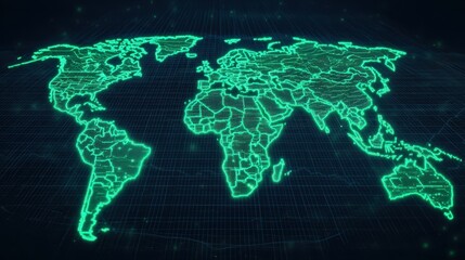 Poster - A glowing digital map of the world in a futuristic style, displayed against a dark background, emphasizing connectivity and technology.