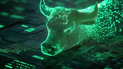 Poster - A digital cow symbolizing the fusion of technology and agriculture, represented in glowing green pixels over a circuit board background.