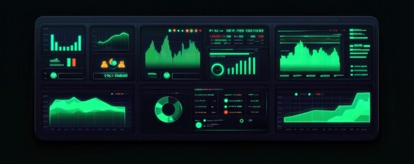Poster - A futuristic digital dashboard displaying various graphs and metrics in green tones, ideal for data analysis and monitoring.
