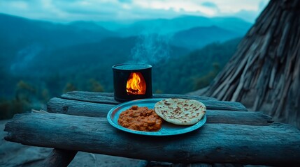 Wall Mural - Mountaintop Meal Curry Flatbread Fire and a Scenic View