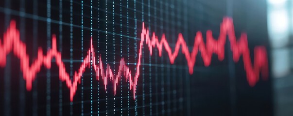 Poster - The image displays a red line graph fluctuating on a dark background, representing data trends or performance metrics.