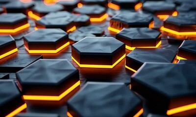 Poster - 3d render of hexagon pattern with glowing orange elements


