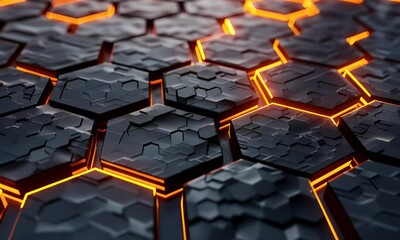Poster - 3d render of hexagon pattern with glowing orange elements


