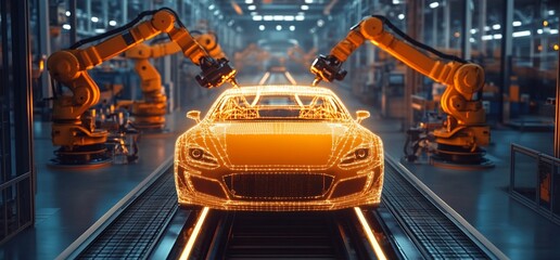 Aufkleber - A car being assembled by robotic arms in a futuristic factory.