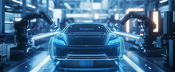 Poster - A car on an automated assembly line, with robotic arms in the background.
