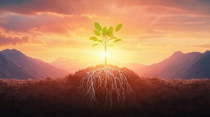 Tree seedling with exposed roots growing in soil under sunrise reflecting growth and sustainable nature