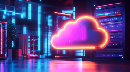 Neon Cloud Symbol Over Futuristic Server Room