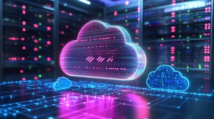 A Neon Cloud Symbol Floating Above a Server Room