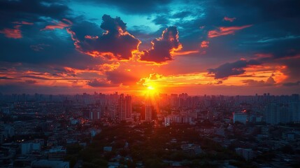 Wall Mural - A vibrant sunset casts a warm glow over a sprawling city skyline.