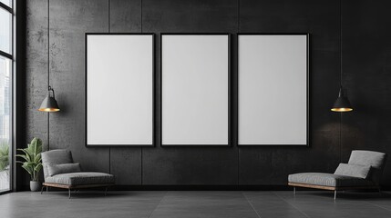 Three empty picture frames on a dark wall with two chairs,  a plant, and a window in the background.