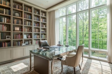 Elegant home office with a large glass desk, built-in bookcases, comfortable chair, floor-to-ceiling windows, professional and serene