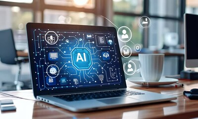 Poster - Ai technology concept with laptop and hologram icon of artificial intelligence, text AI on the screen. The background is blurred office space. 