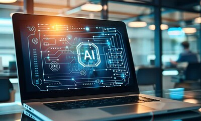 Poster - Ai technology concept with laptop and hologram icon of artificial intelligence, text AI on the screen. The background is blurred office space. 