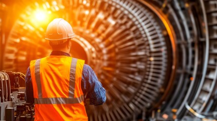 Poster - Worker Observing Turbine in Industrial Facility
