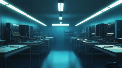 Poster - Dimly Lit Tech Lab with Blue Ambient Lighting