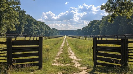 A dirt road leading to a forest, flanked by two wooden gates and barbed wire fences.