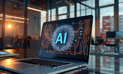 Poster - Ai technology concept with laptop and hologram icon of artificial intelligence, text AI on the screen. The background is blurred office space. 