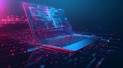 Fototapete - Futuristic Laptop with Digital Data Streams