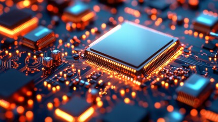 Poster - Glowing Microchip on Circuit Board with Electric Glow