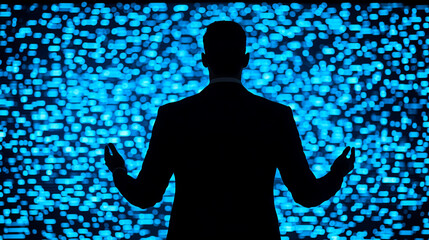 A silhouette of a person stands against a vibrant blue background filled with glowing dots, suggesting a theme of technology or data.