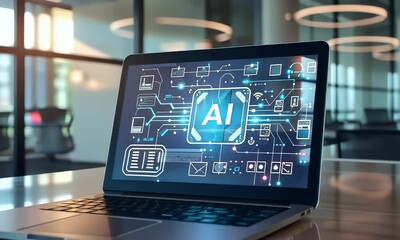 Poster - Ai technology concept with laptop and hologram icon of artificial intelligence, text AI on the screen. The background is blurred office space. 