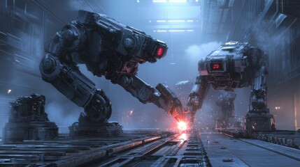Poster - Robots Working in Futuristic Industrial Setting