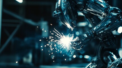Poster - Futuristic Robot Welding Sparks in Industrial Setting