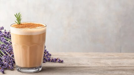 Lavender latte on a wooden table with lavender flowers in the background.