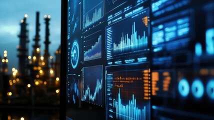 Poster - A close-up of an industrial screen displaying dynamic data visualizations and graphs, with the silhouette of oil tanks in the background.