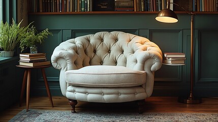 Wall Mural - A comfortable white armchair sits in a cozy room with green walls, wooden floors, a brass lamp, and books.