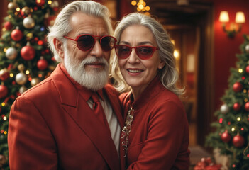 Wall Mural - fashion portraite of gray-haired grandfather and grandmother with beard smiling in red sunglasses in red suit on christmas background of cinematic light