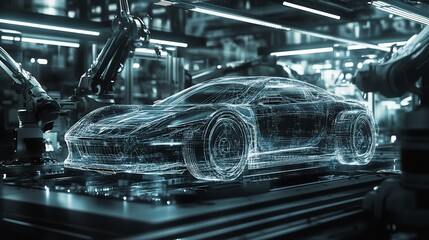 Poster - A futuristic car model is being assembled on an automated production line in a factory.