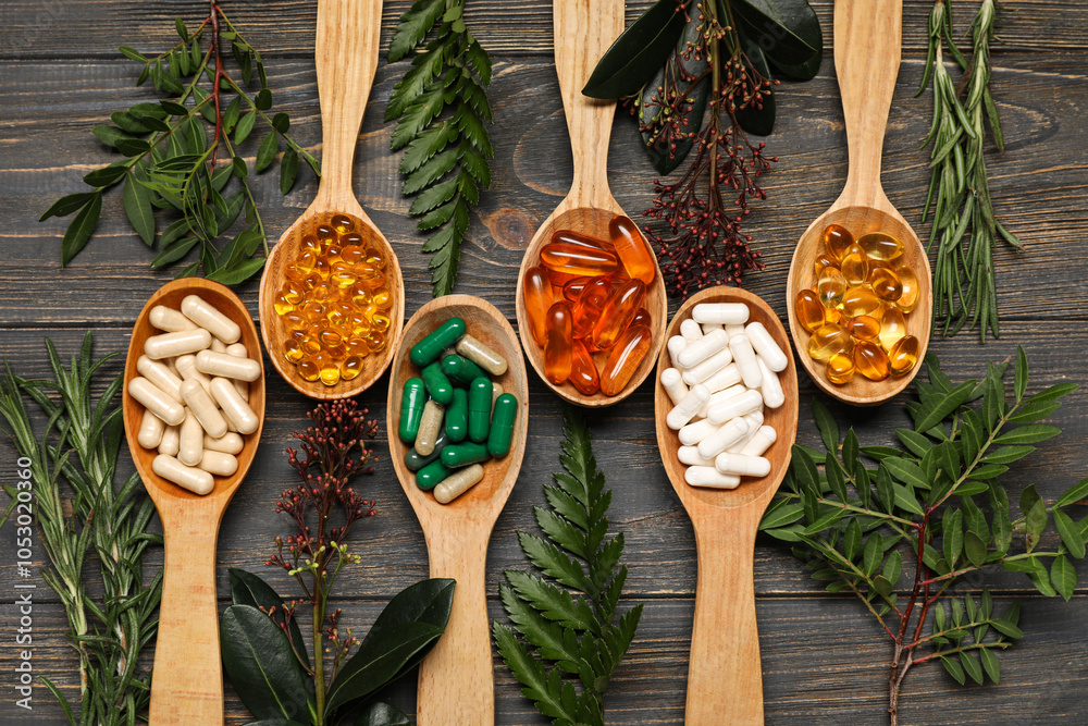 Spoons with different pills and fresh herbs on wooden background
