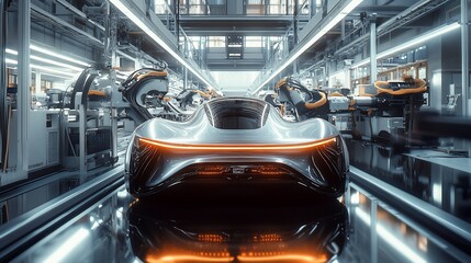 Fototapete - A futuristic silver car on a conveyor belt in a modern factory.