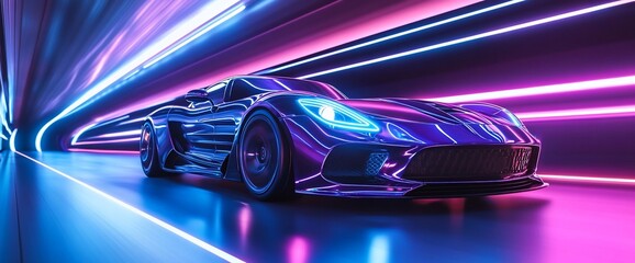 Poster - A futuristic sports car drives through a neon lit tunnel, glowing with pink and blue light.