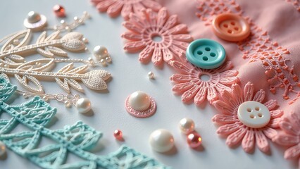 Poster - A close up of buttons and lace with a pink background