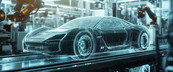 Aufkleber - A futuristic sports car on a robotic assembly line, showcasing a wireframe design with robotic arms in the background.