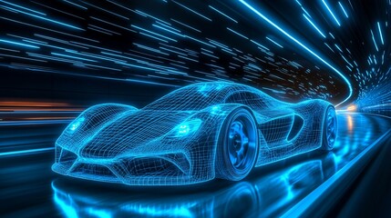Aufkleber - A futuristic sports car made of glowing blue lines speeds through a tunnel of light.