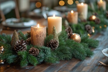 Wall Mural - christmas centerpiece is burning on a rustic table in a cosy interior with lights and wreaths