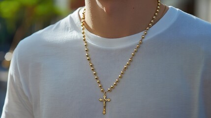 Young man wearing gold rosary necklace with crucifix pendant