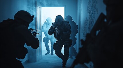 armed soldiers entering a smoky room