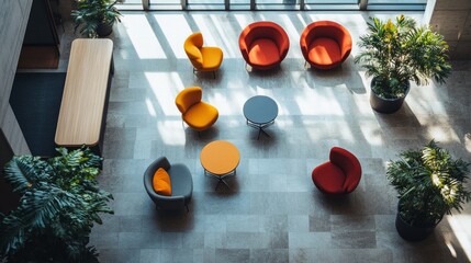 Poster - A top view of a vibrant lobby with flexible seating and a modern reception counter, illuminated by natural light. Room at the top for text.