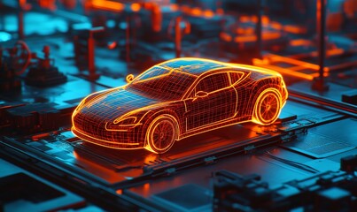 Fototapete - A glowing orange wireframe car sits atop a circuit board.