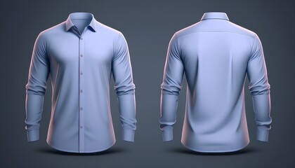 A stylish blue long-sleeve shirt displayed from front and back views, showcasing its design and tailoring in a modern, minimalistic setting.