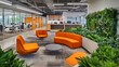 © Intach - A welcoming reception area with modular seating, tech-infused design, and greenery, blending form and function. Space on the bottom for promotional text.