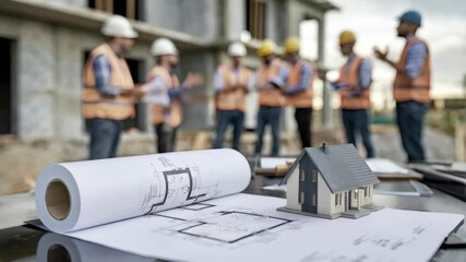 Poster - A construction site with blueprints and a model house, showcasing planning and teamwork.