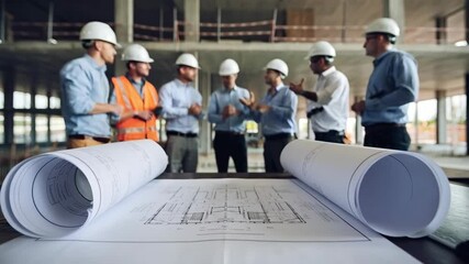Poster - Construction site meeting with blueprints in focus and workers discussing plans.