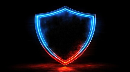 Poster - Advanced shield glowing with blue and red neon lights, dark cyber setting symbolizing digital defense and security